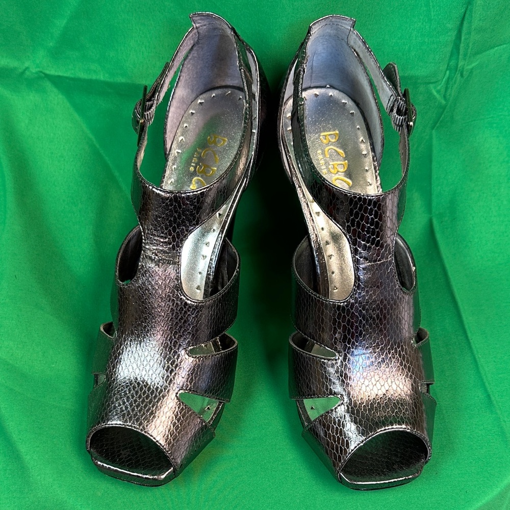 BCBG Metallic Black Cutout Heels